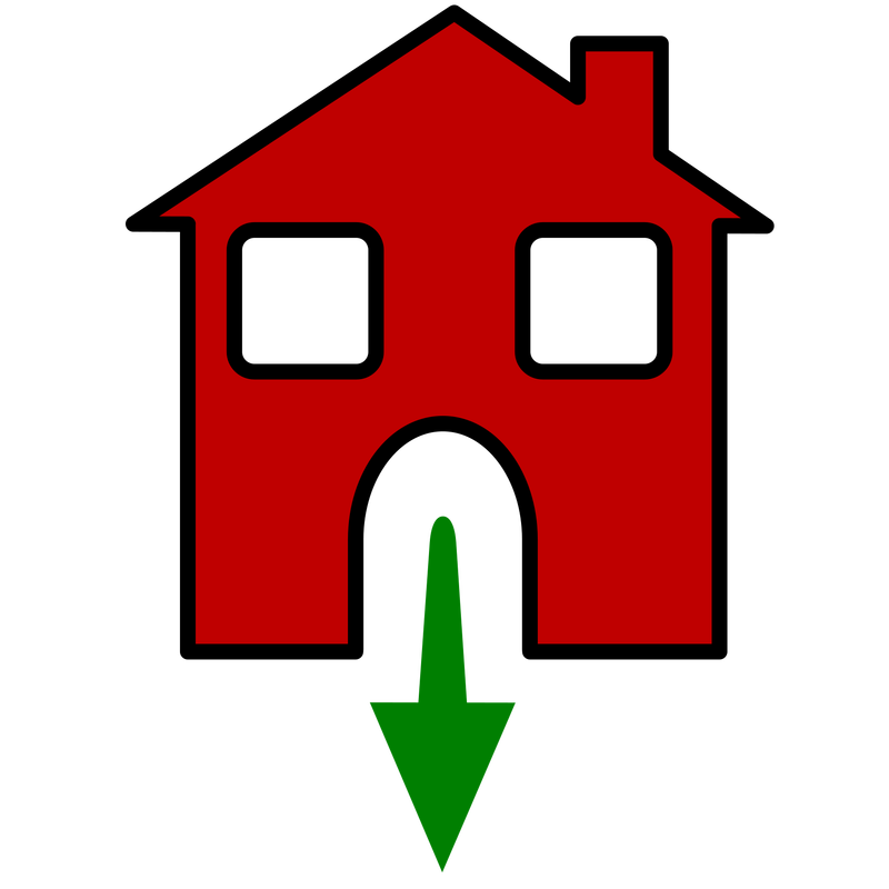 a red house with a green arrow going downwards from the doorway.